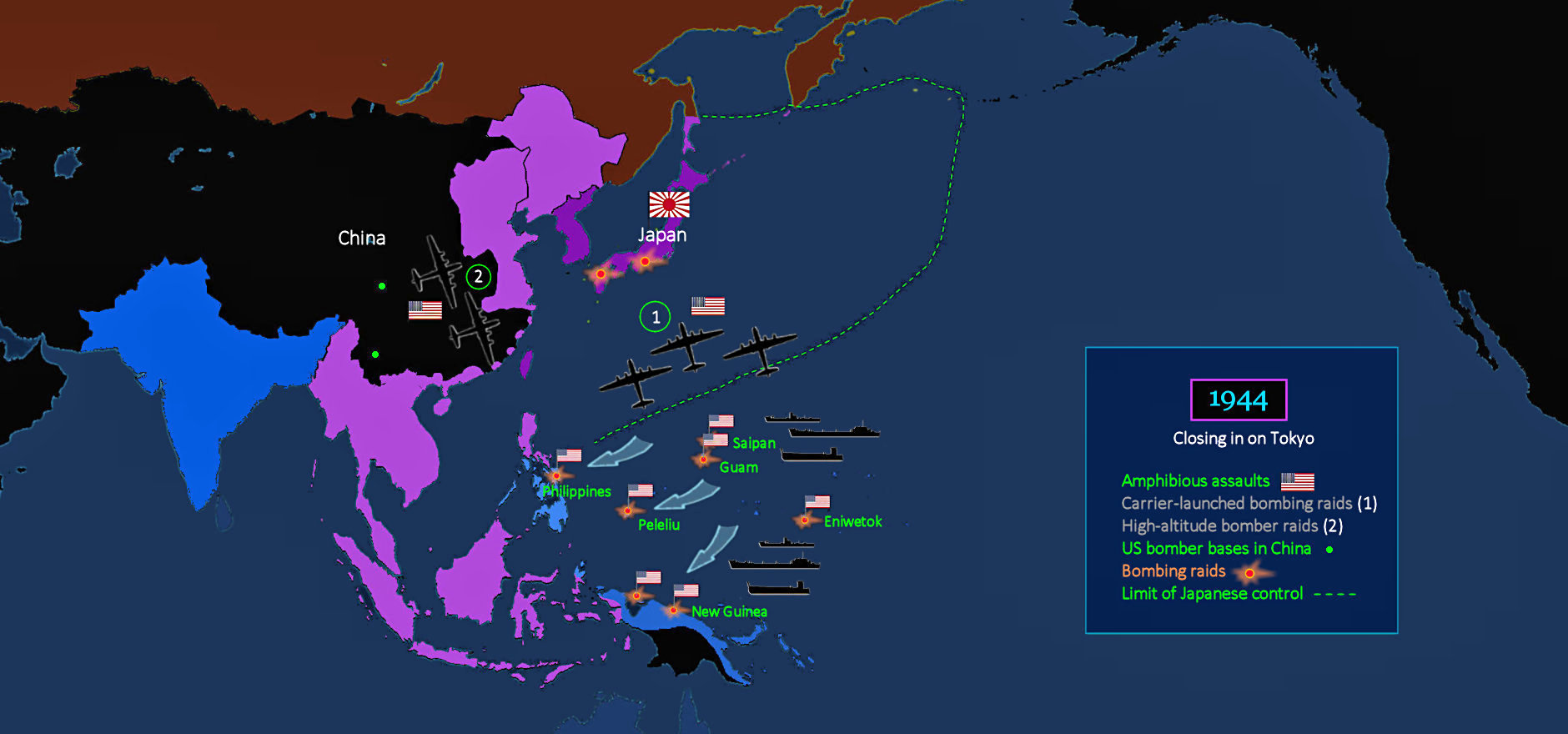 Bombers reach Tokyo, 1944 map